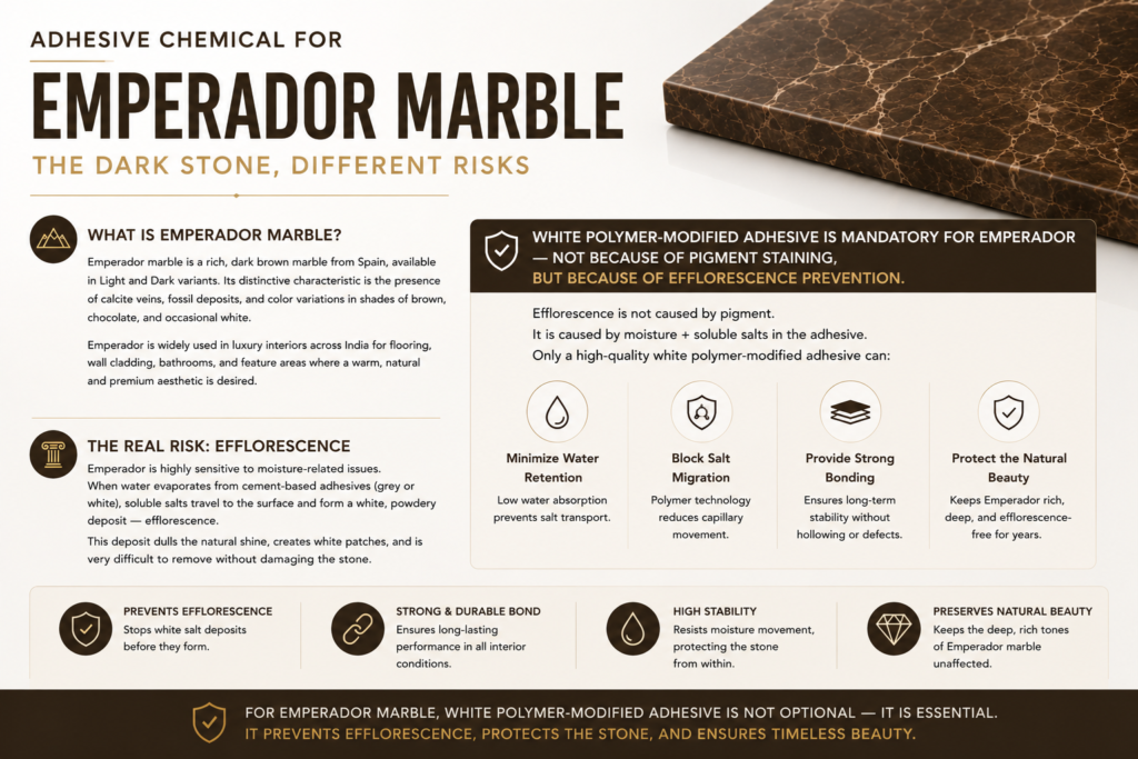 White polymer-modified adhesive is mandatory for Emperador — not because of pigment staining, but because of efflorescence prevention.