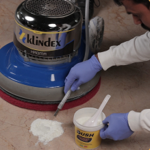 Dush Glosso+ Step 1 — apply 40 grams per sqm and spray water to creamy consistency