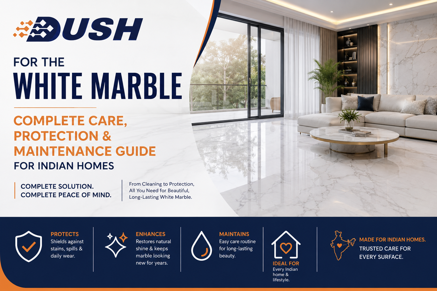 Six common white marble problems in Indian homes — staining, yellowing, efflorescence, shine loss, etching, hard water marks