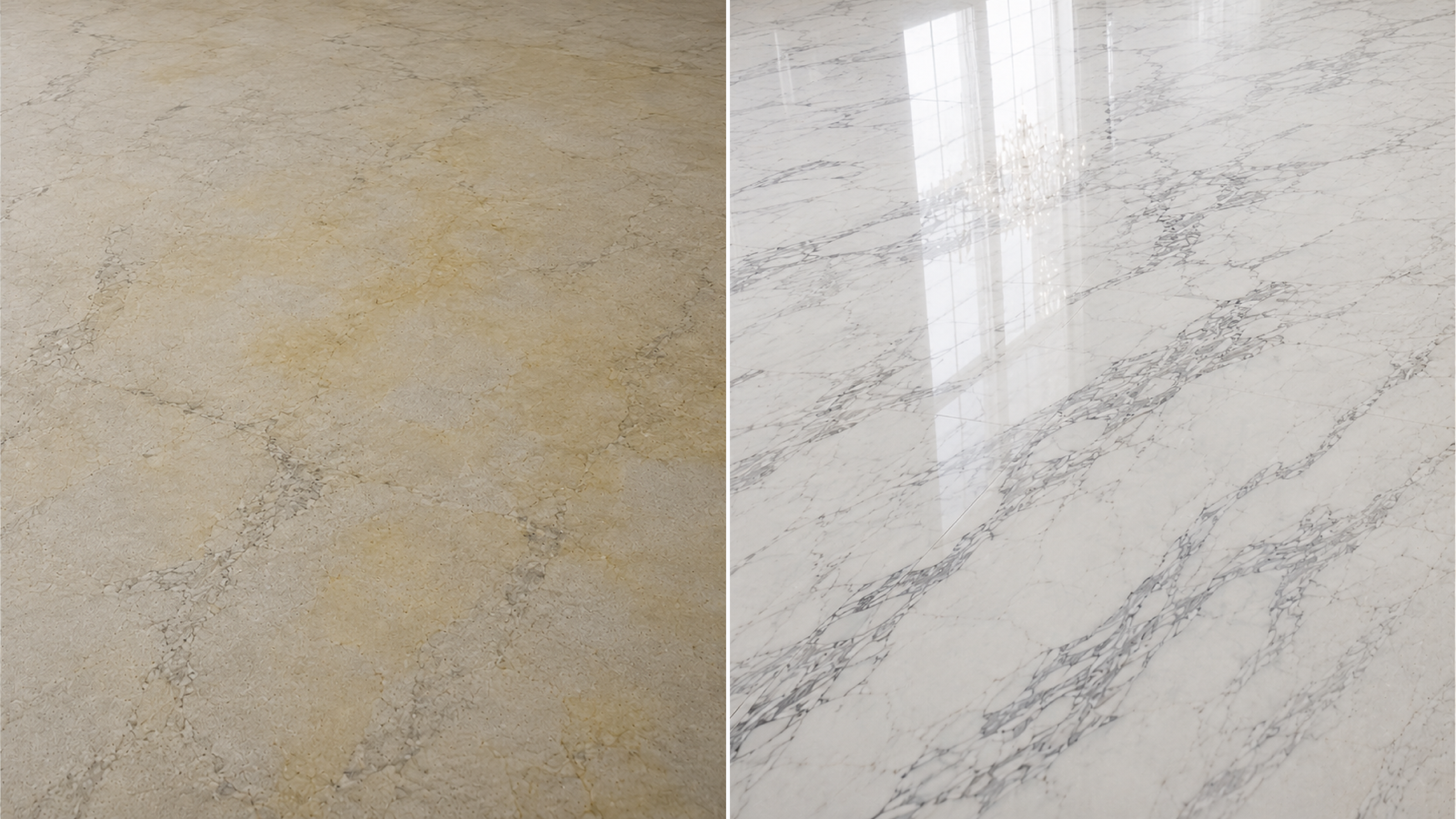 Before and after marble stain removal results on white marble