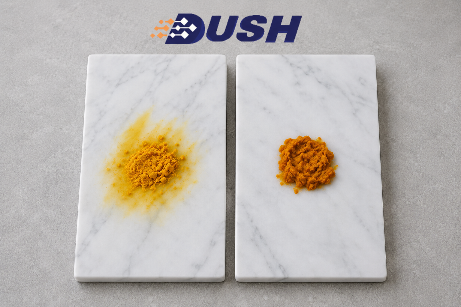 Italian marble stain test comparing DUSH-treated and untreated sample
