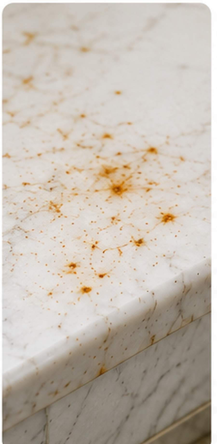 Small rust spots visible on a white marble surface