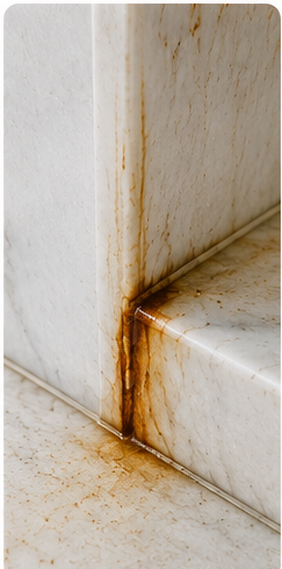 Rust leakage visible along a marble joint and corner