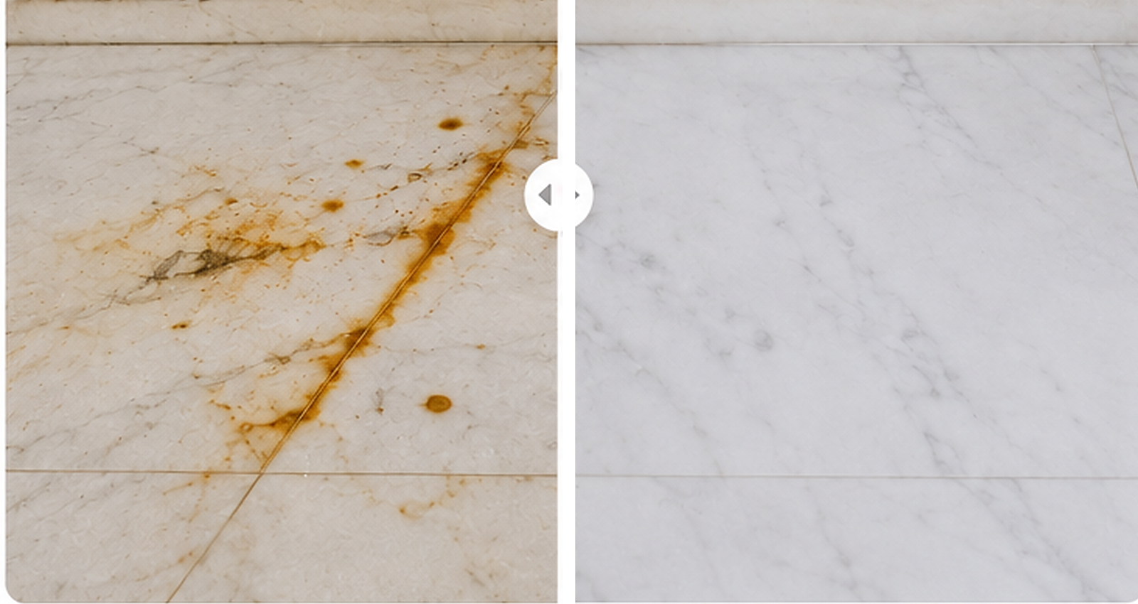 Before and after controlled treatment of rust-stained marble