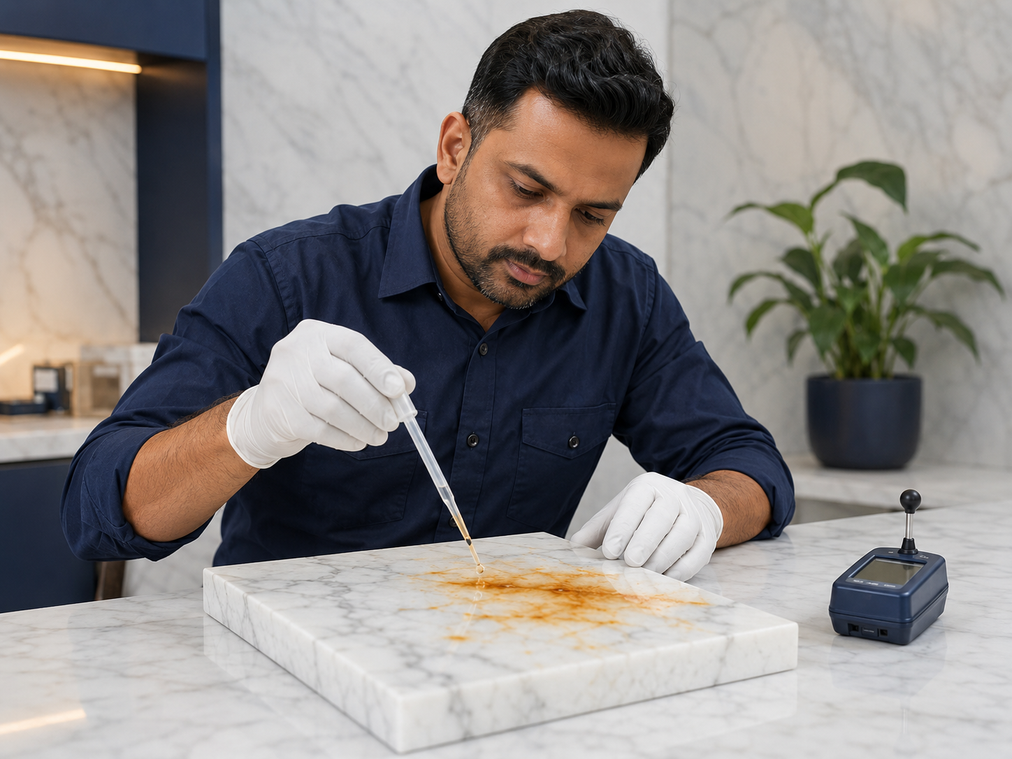 Stone technician assessing a rust-stained marble sample