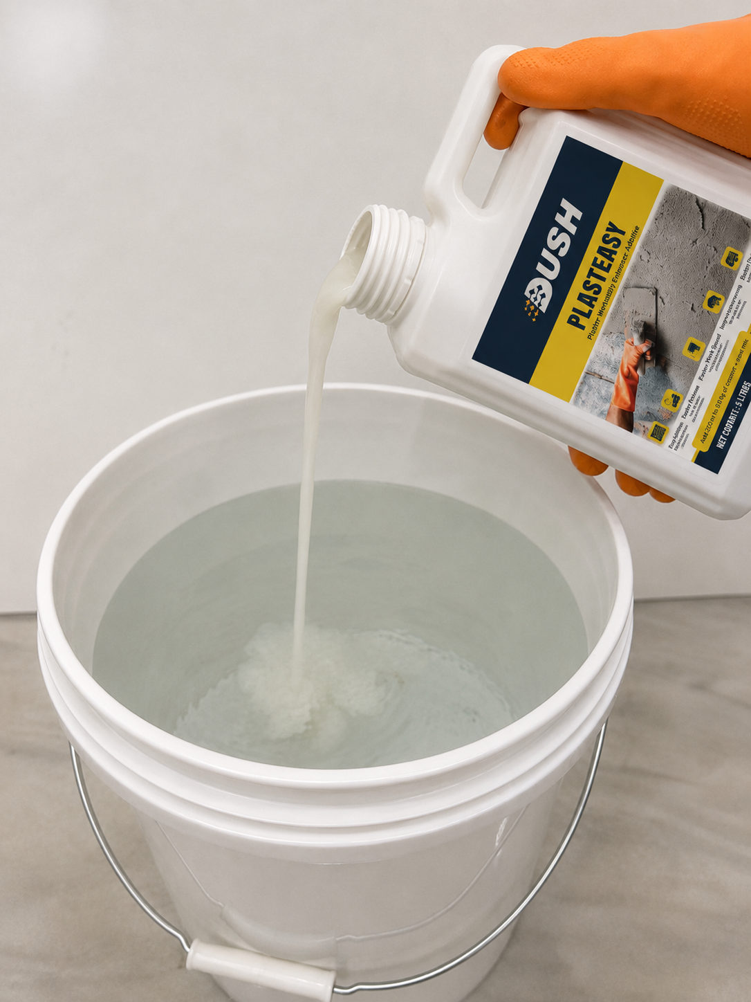 Adding DUSH PLASTEASY waterproofing admixture to measured water