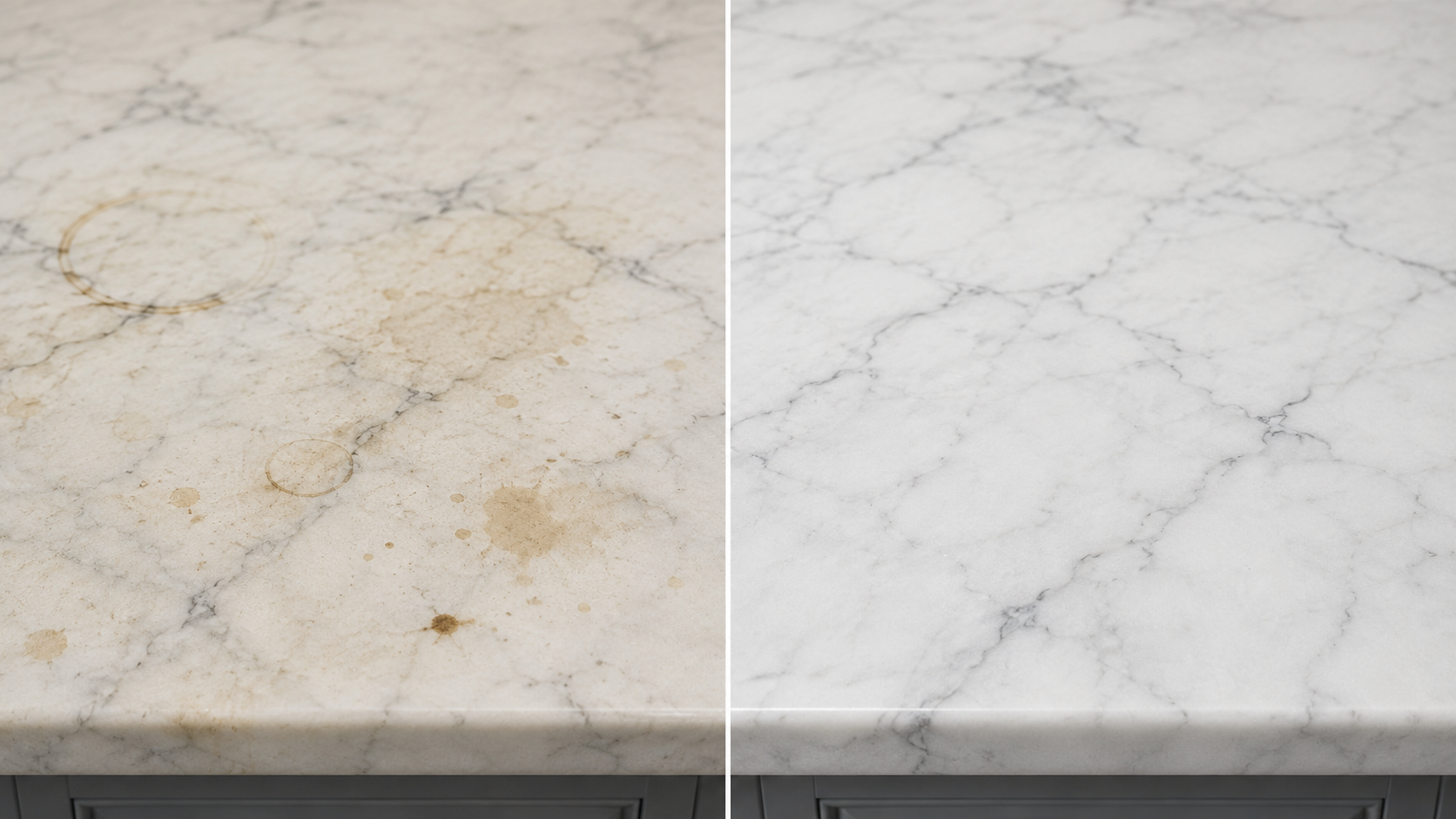 Before and after controlled treatment of food and drink stains on marble