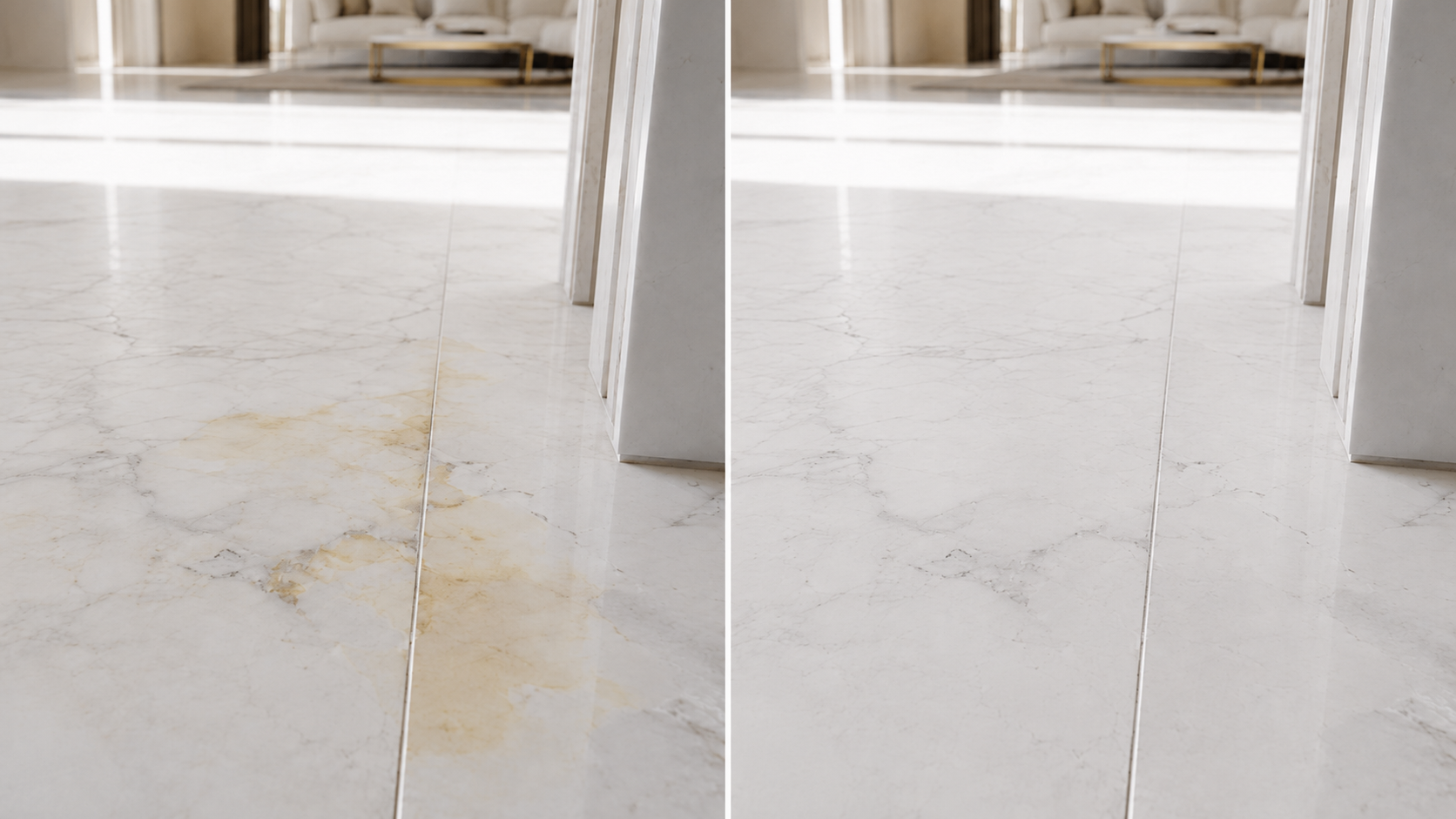Before and after test treatment of yellow-stained white marble