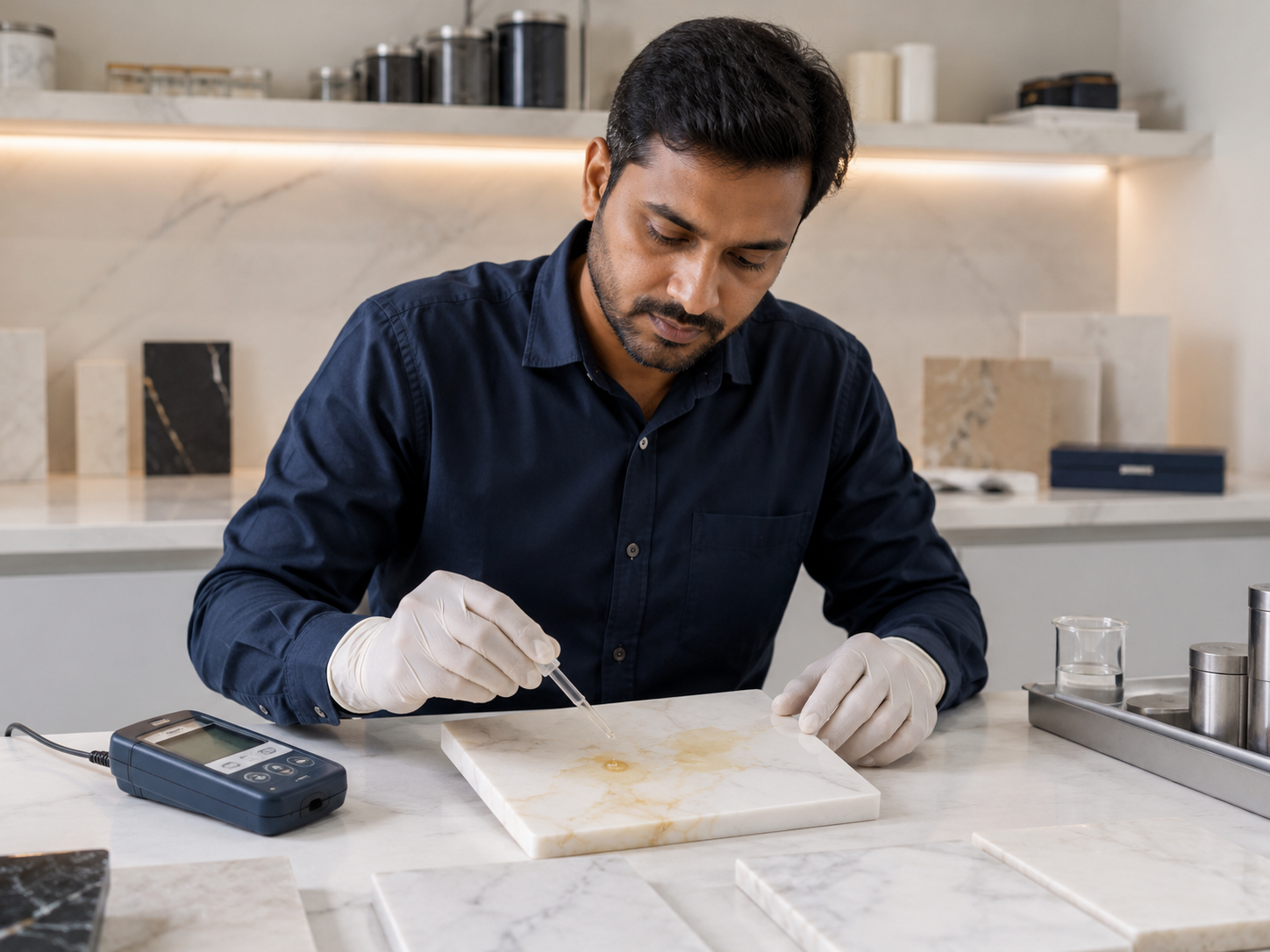 Stone technician testing a yellow-stained marble sample