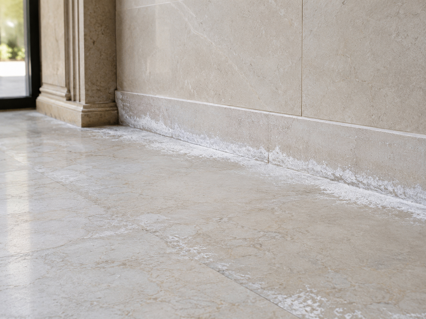 Powdery white salt deposits visible across marble joints and veins