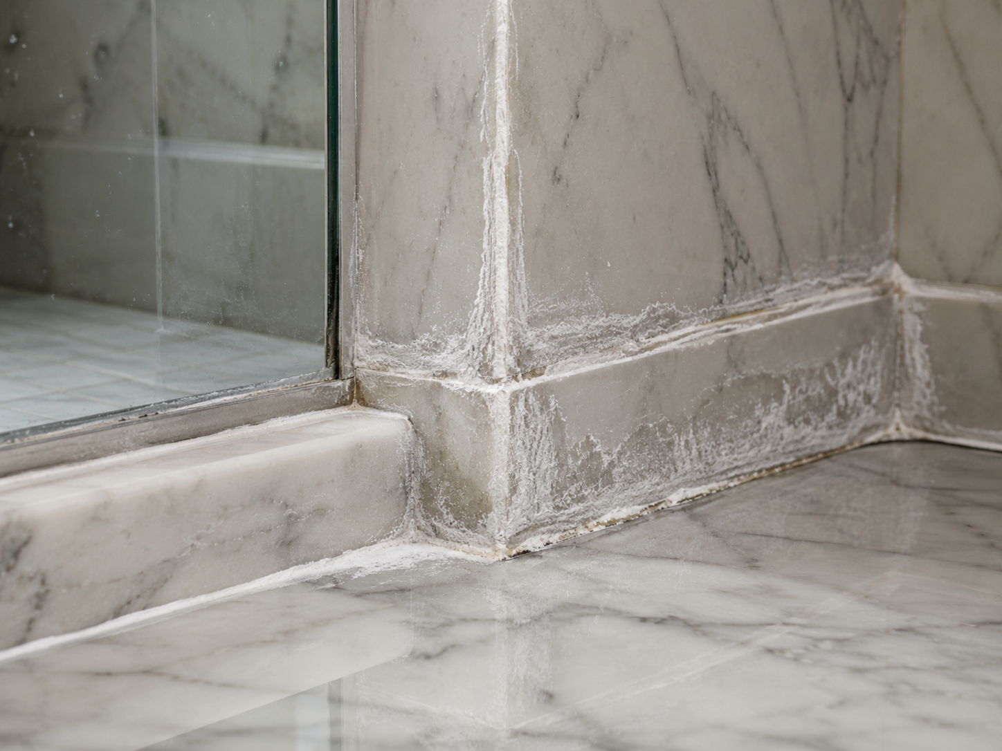 White salt buildup around a marble shower wall and floor junction