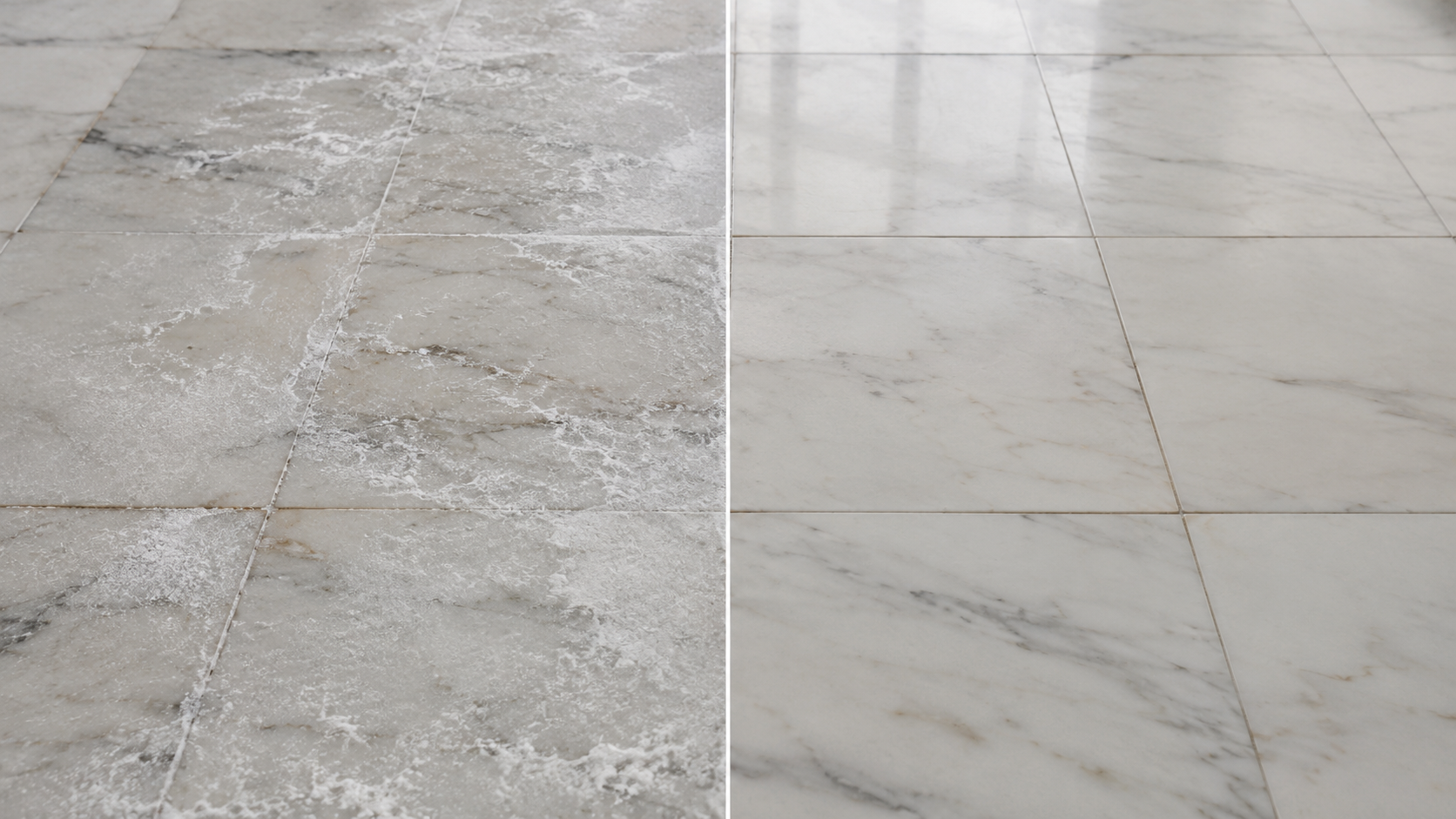 Before and after controlled treatment of salt deposits on a marble floor