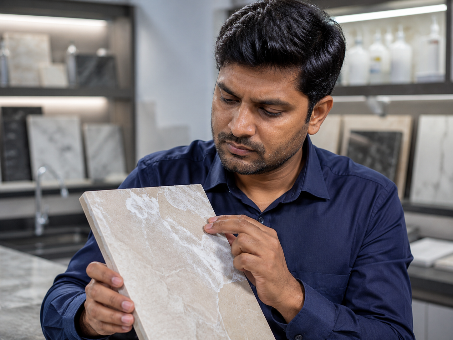 Indian stone technician assessing efflorescence on a natural-stone sample