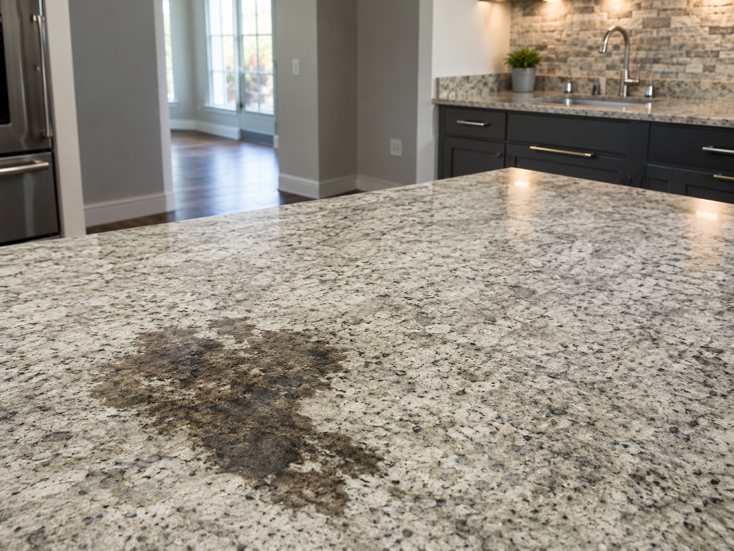 Dark absorbed stain visible on polished black granite