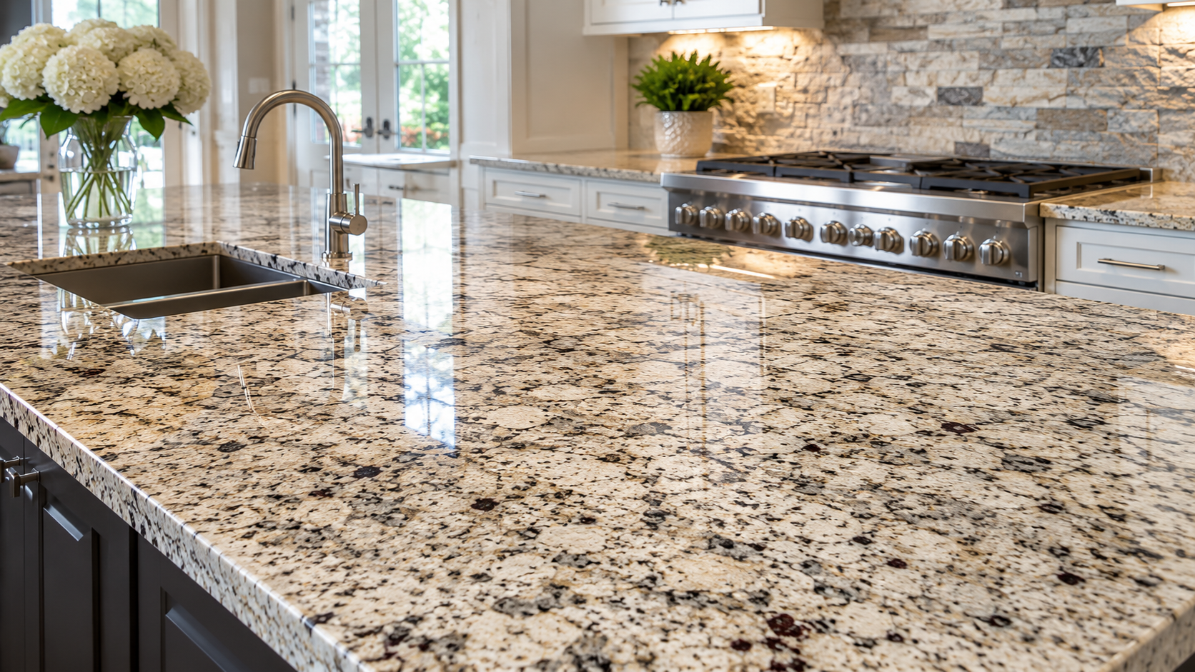 Clean restored granite kitchen countertop with natural polished finish