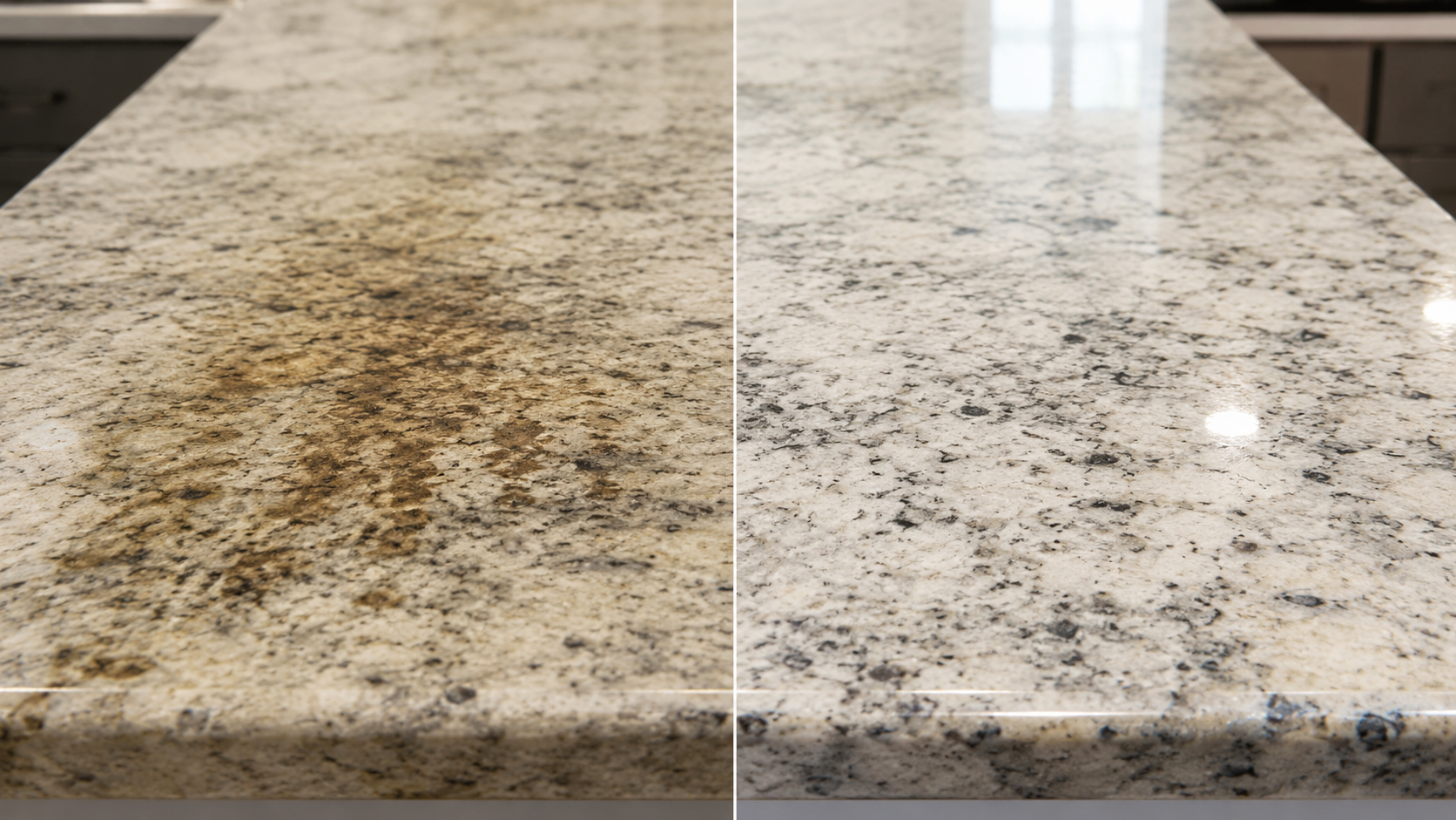Before and after controlled treatment of a stained granite countertop