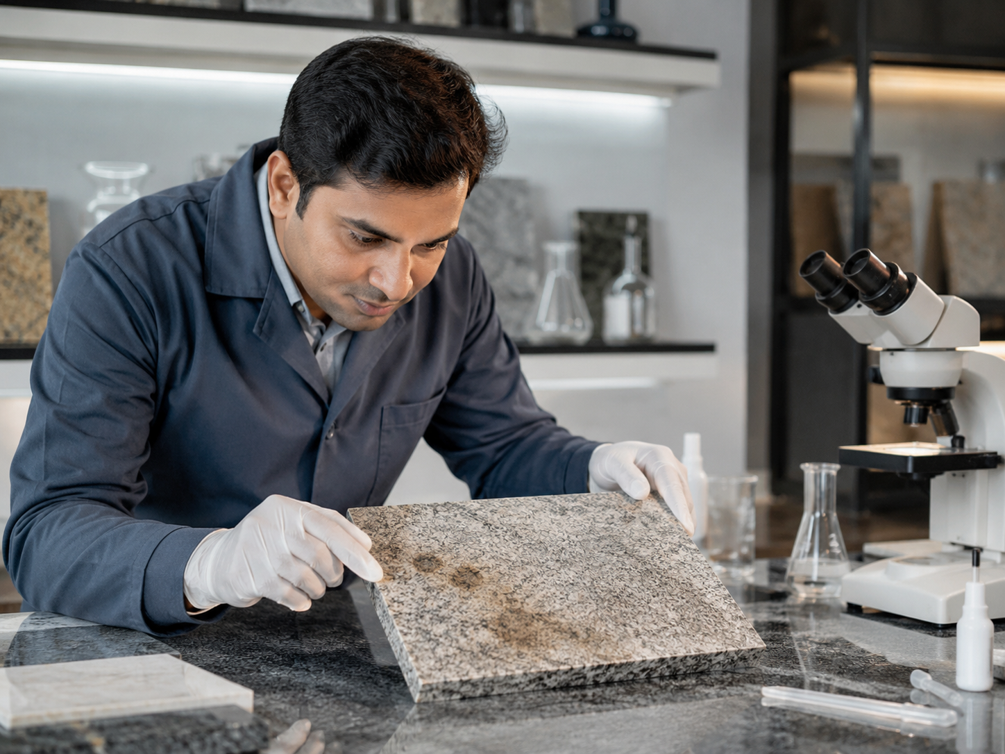 Indian stone technician assessing a stained granite sample