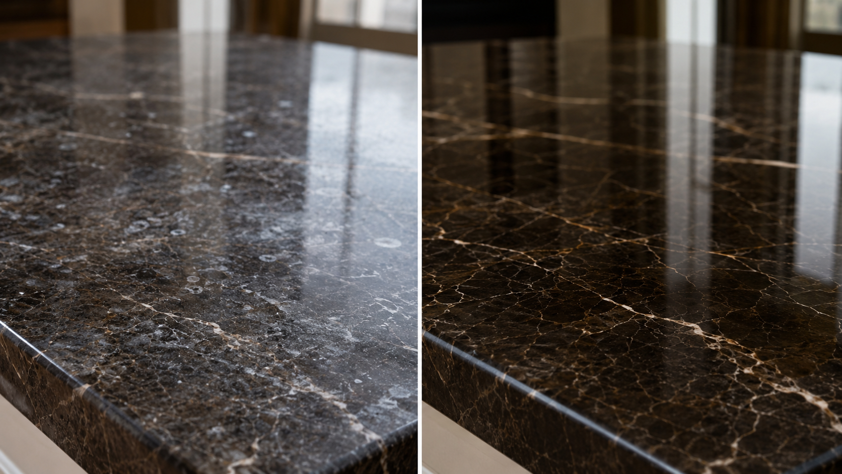 Before and after treatment of hard-water stains on marble