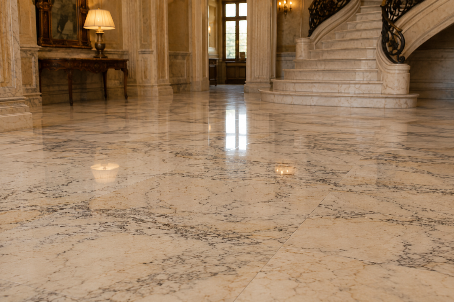 Close-up of restored Italian marble with natural veins and reflected light
