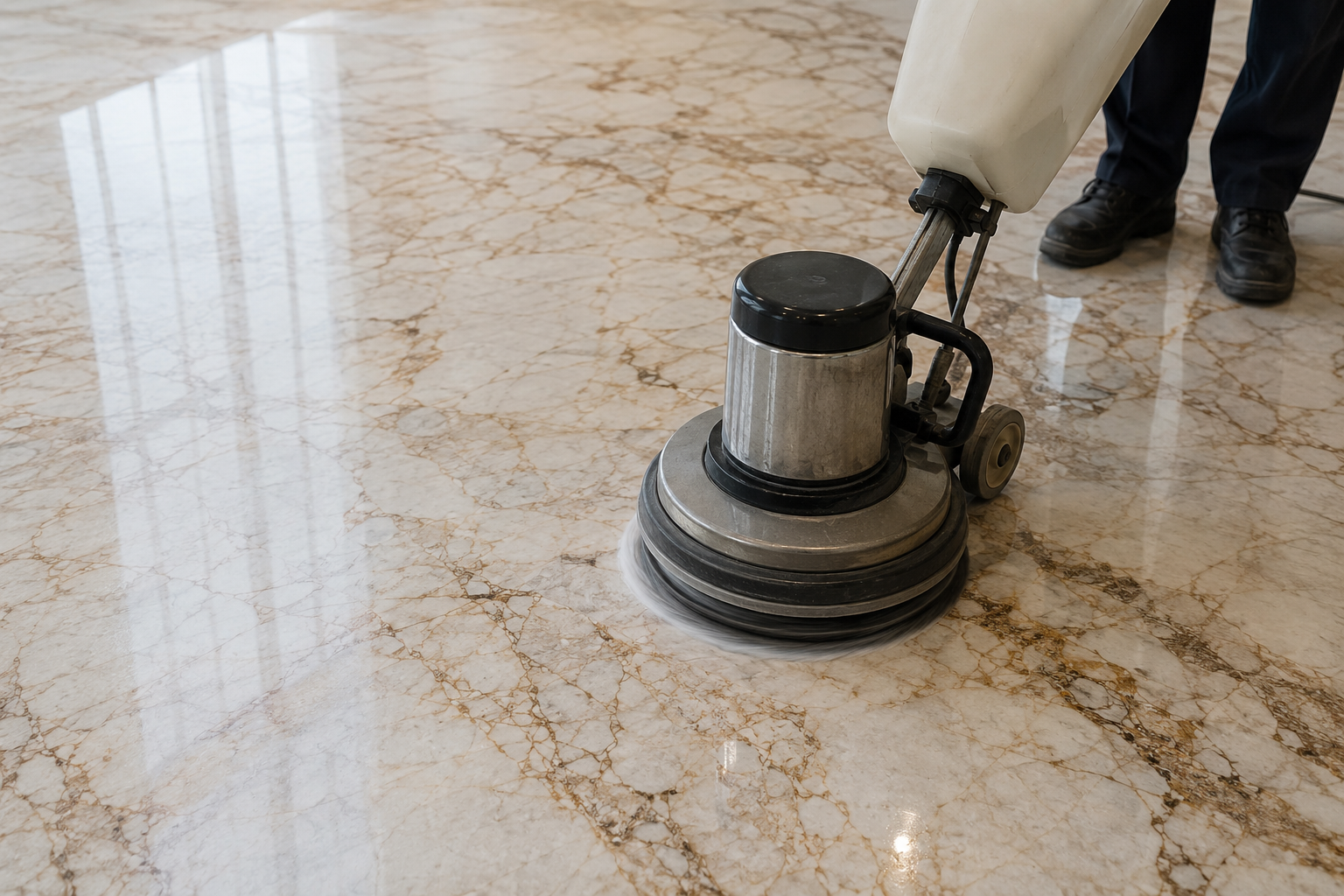 Professional polishing machine restoring an Italian marble floor