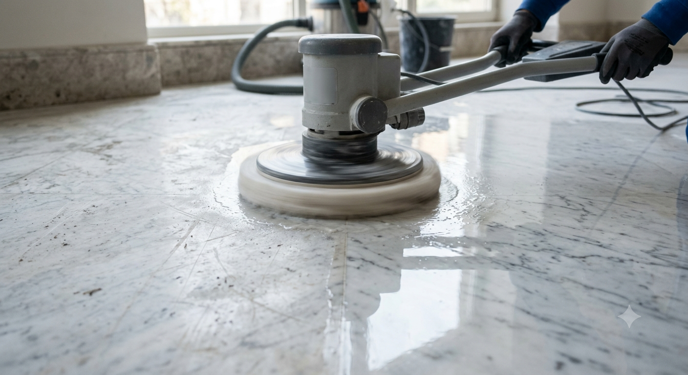 Marble surface during the polishing stage after stain removal