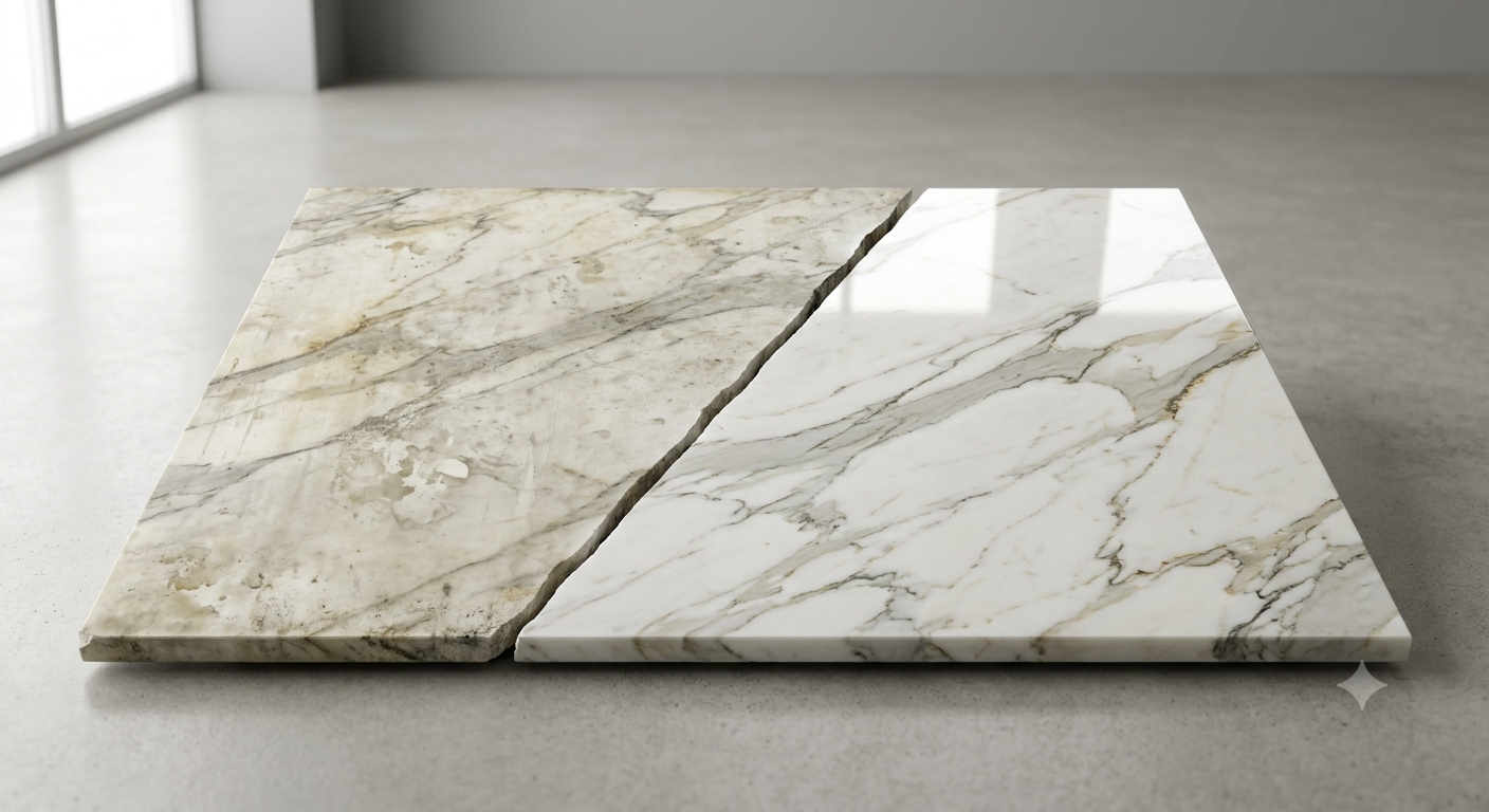 Side-by-side marble surface showing a stained section and a polished section