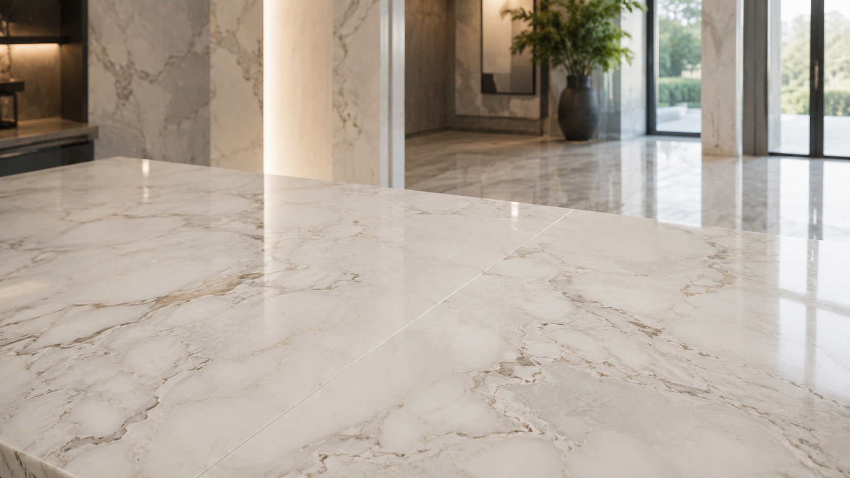 Completed marble joint repair in a premium interior
