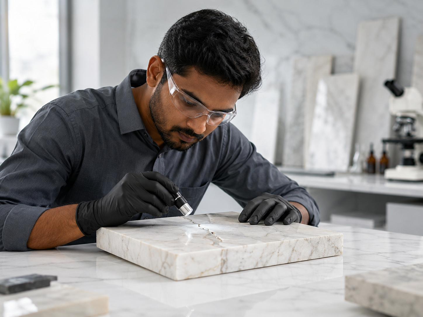 Indian stone technician inspecting a crack in a marble sample