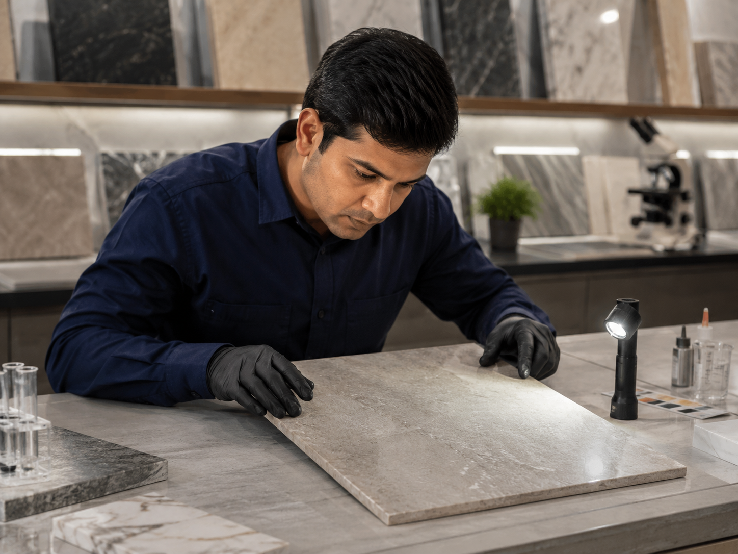 DUSH team member checking a marble sample