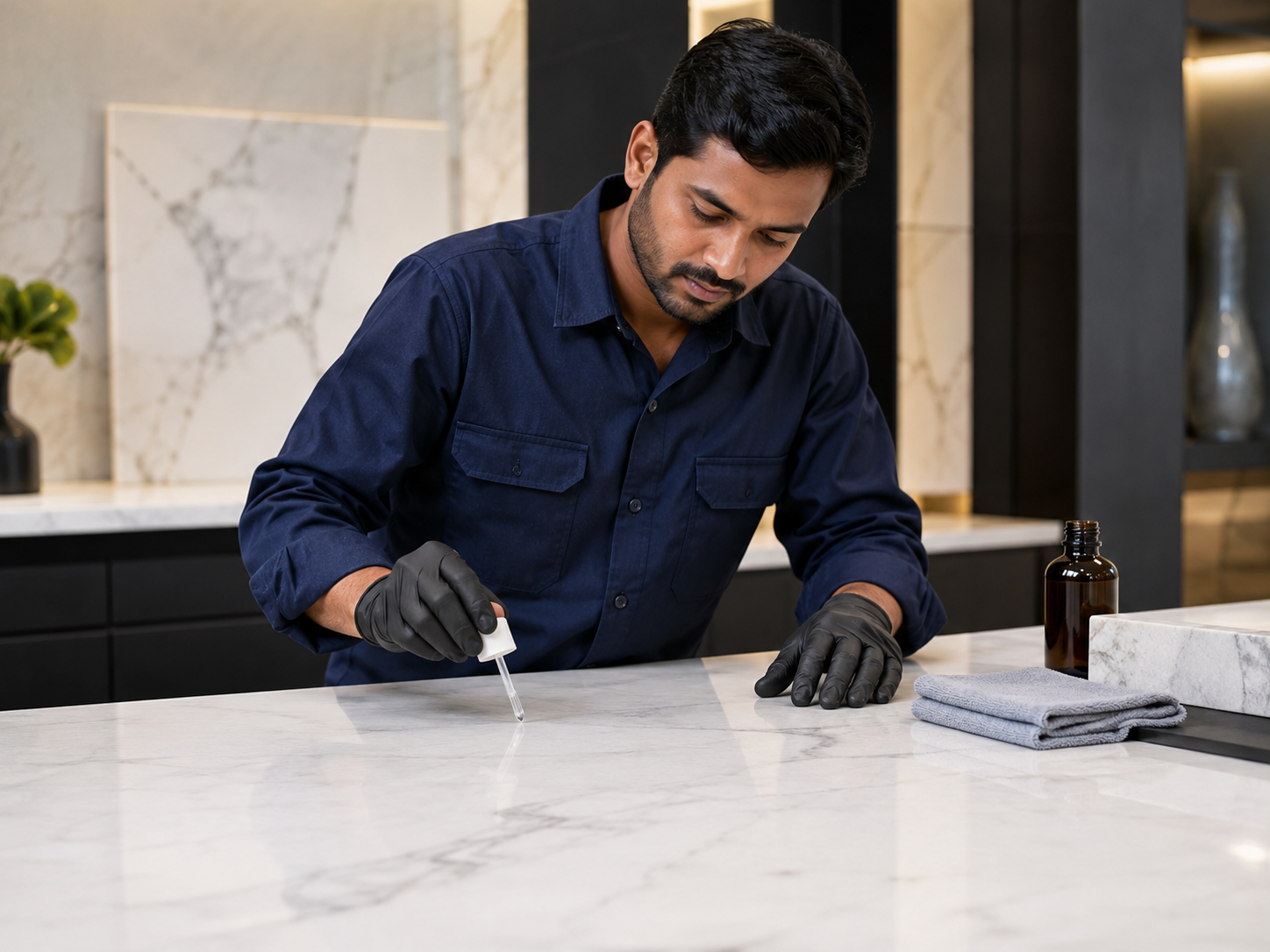 A worker testing marble protection on a small area