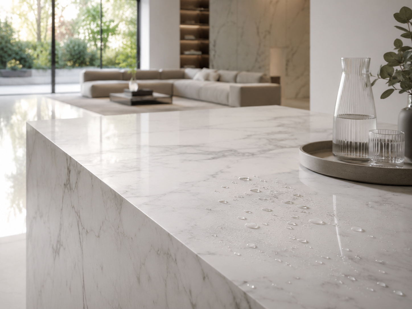 Water drops resting on protected white marble