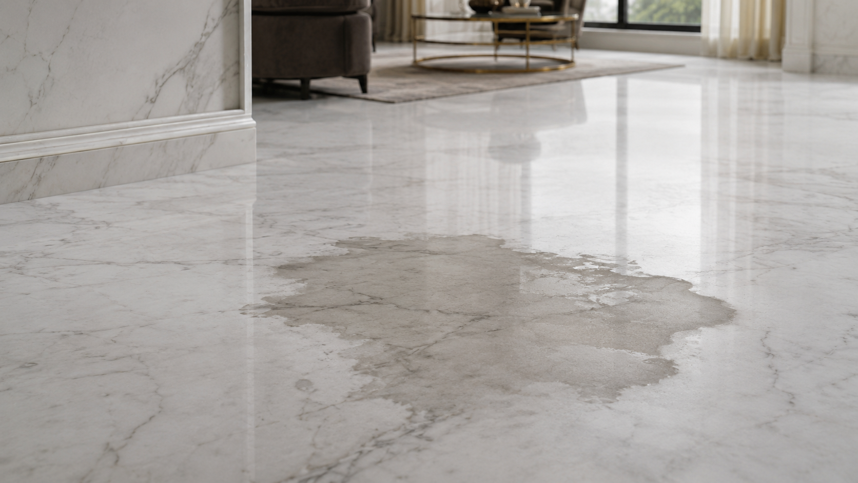 Close-up of moisture absorption and dark water patch on marble surface