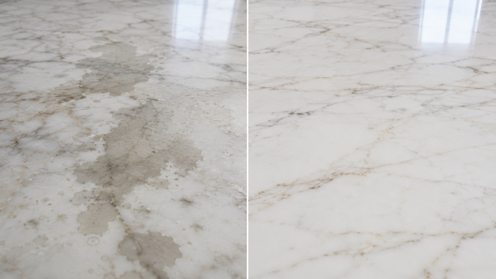 Before and after treatment of a moisture patch on marble