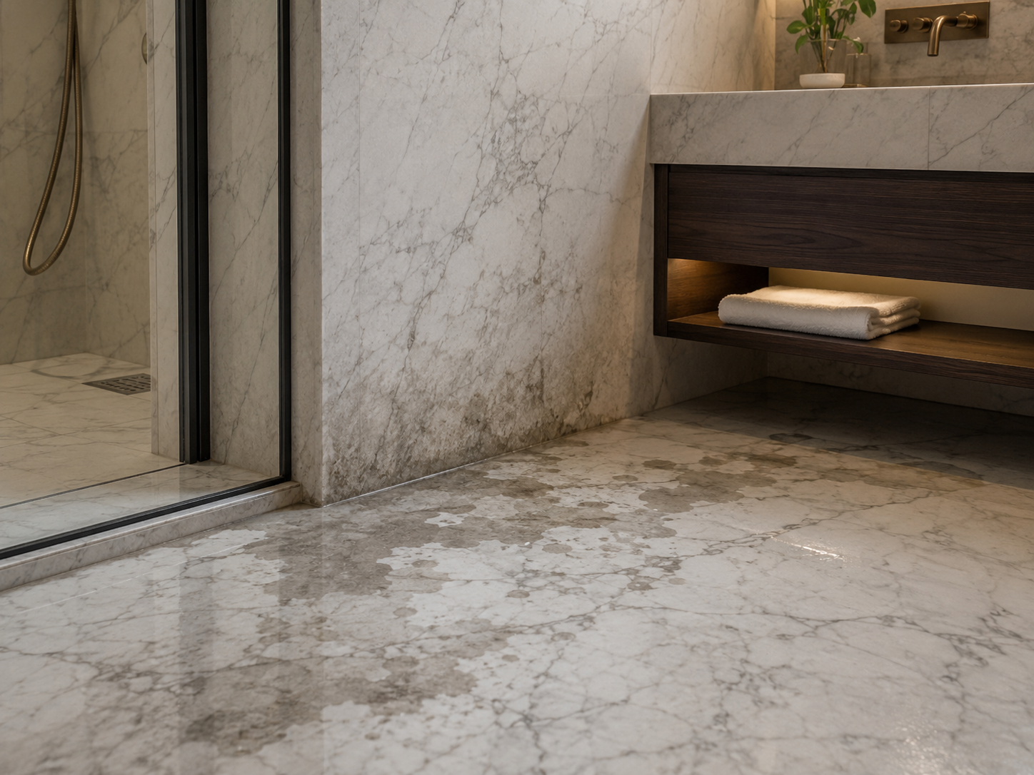 Moisture-related dark patches on marble floor near bathroom or wet area