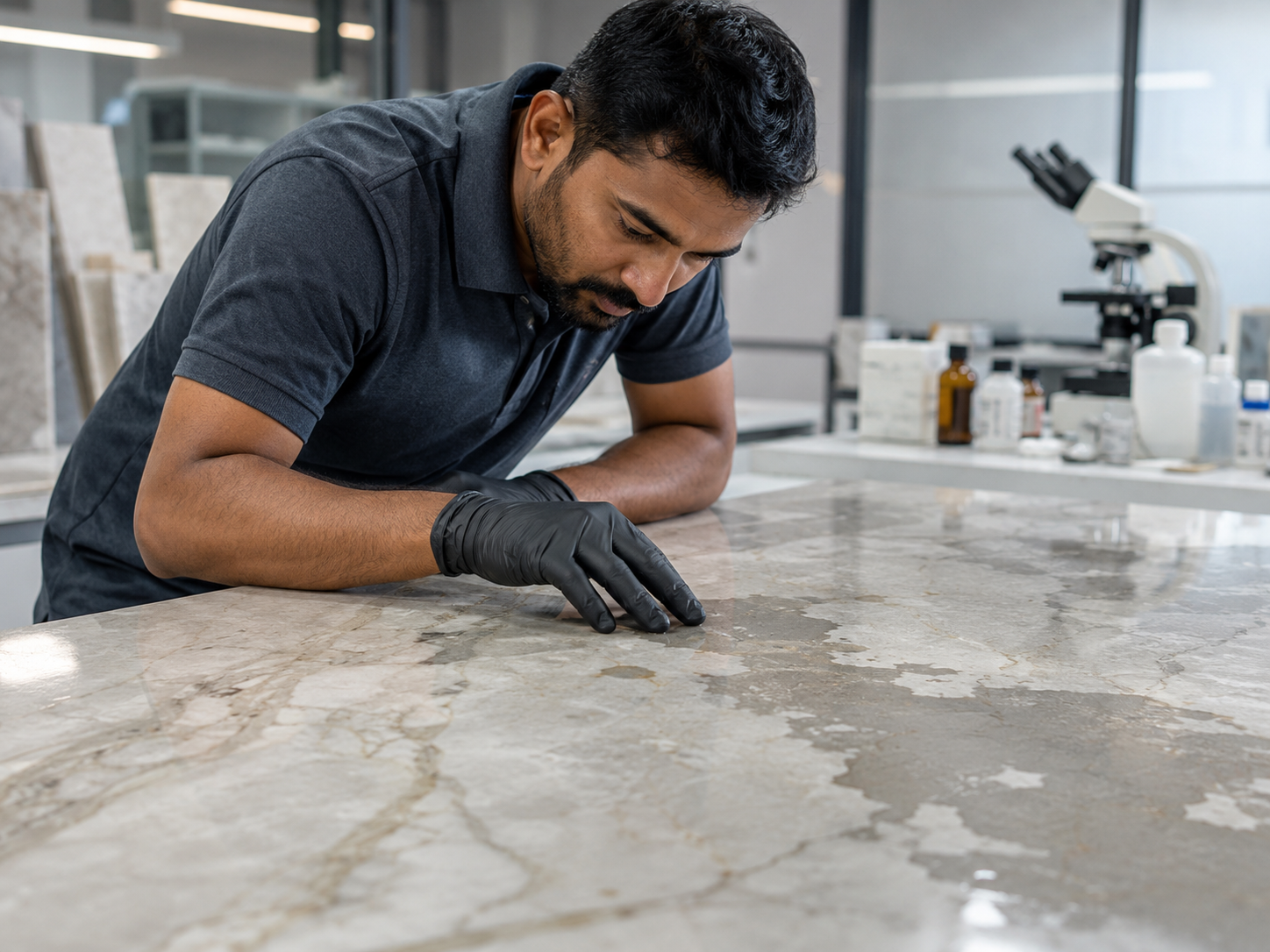 Indian stone technician assessing a moisture patch on a marble sample