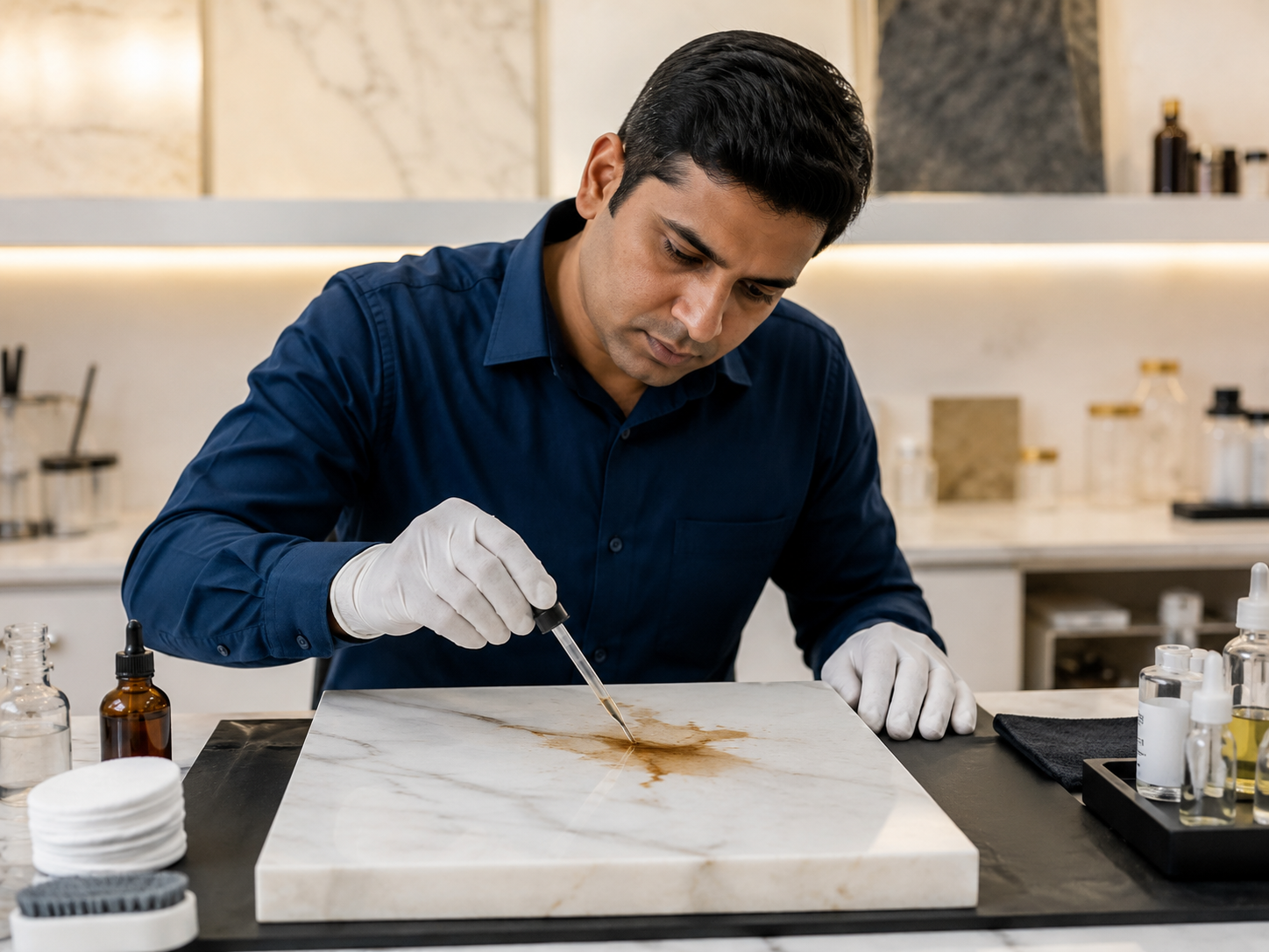 Before and after controlled treatment of oil-stained marble