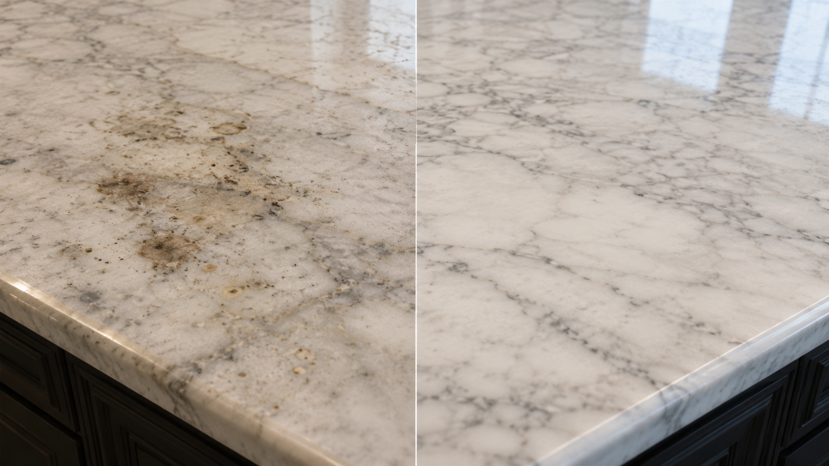 Oil and residue staining near a marble countertop sink