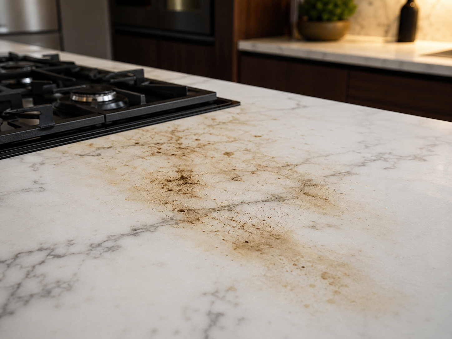 Dark absorbed oil patch on white marble