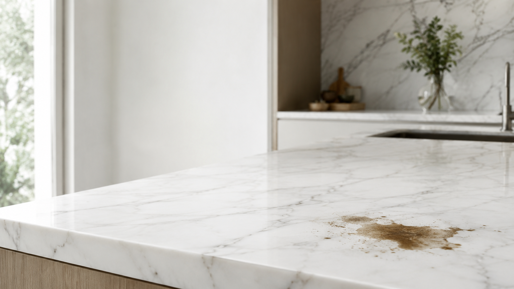 Stone technician testing an oil-stained marble sample