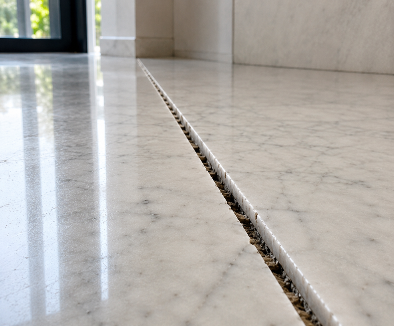 Open gap between two polished marble pieces