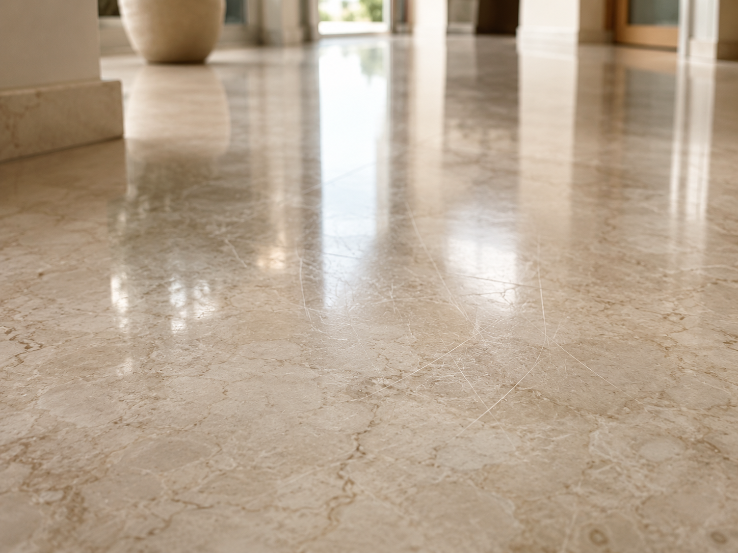 Scratches on a marble floor caused by daily use