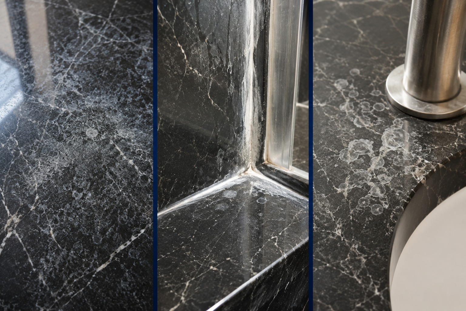 Different patterns of hard-water and limescale staining on marble