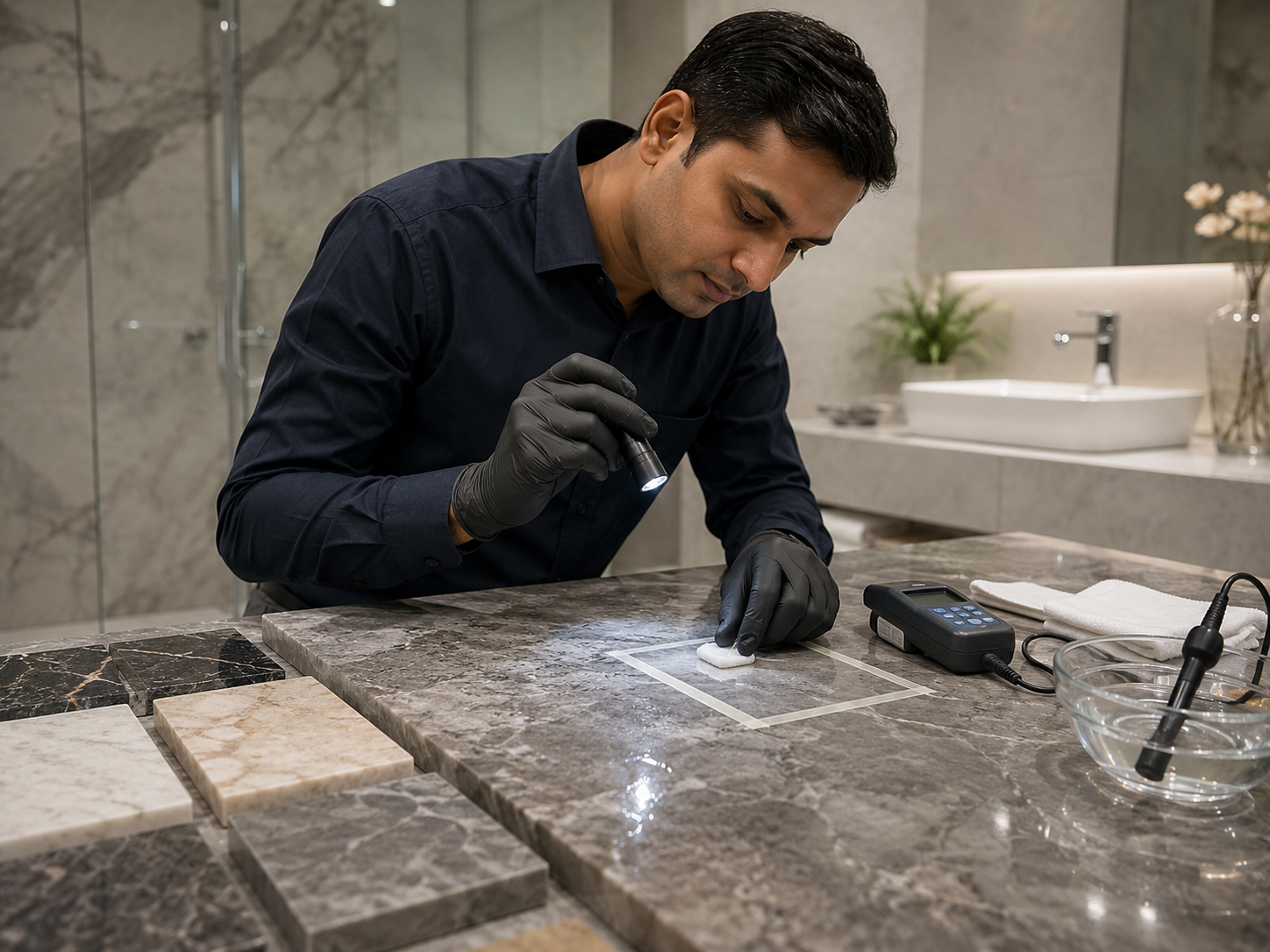 Stone technician reviewing hard-water stains on a marble sample
