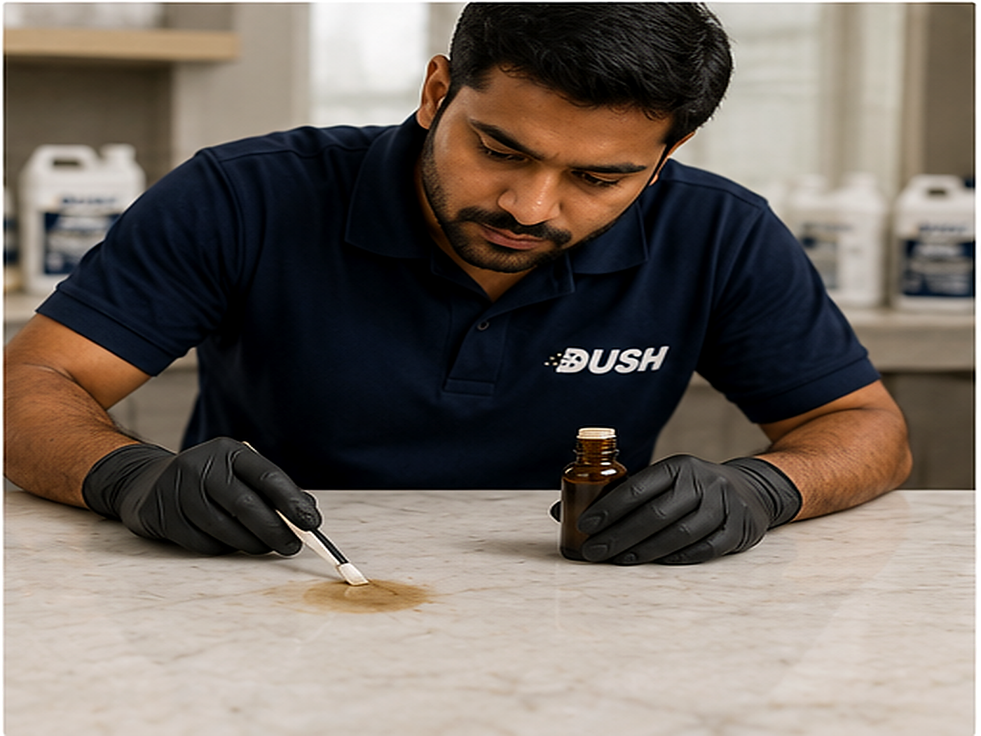 Indian stone technician assessing food and drink stains on a marble sample
