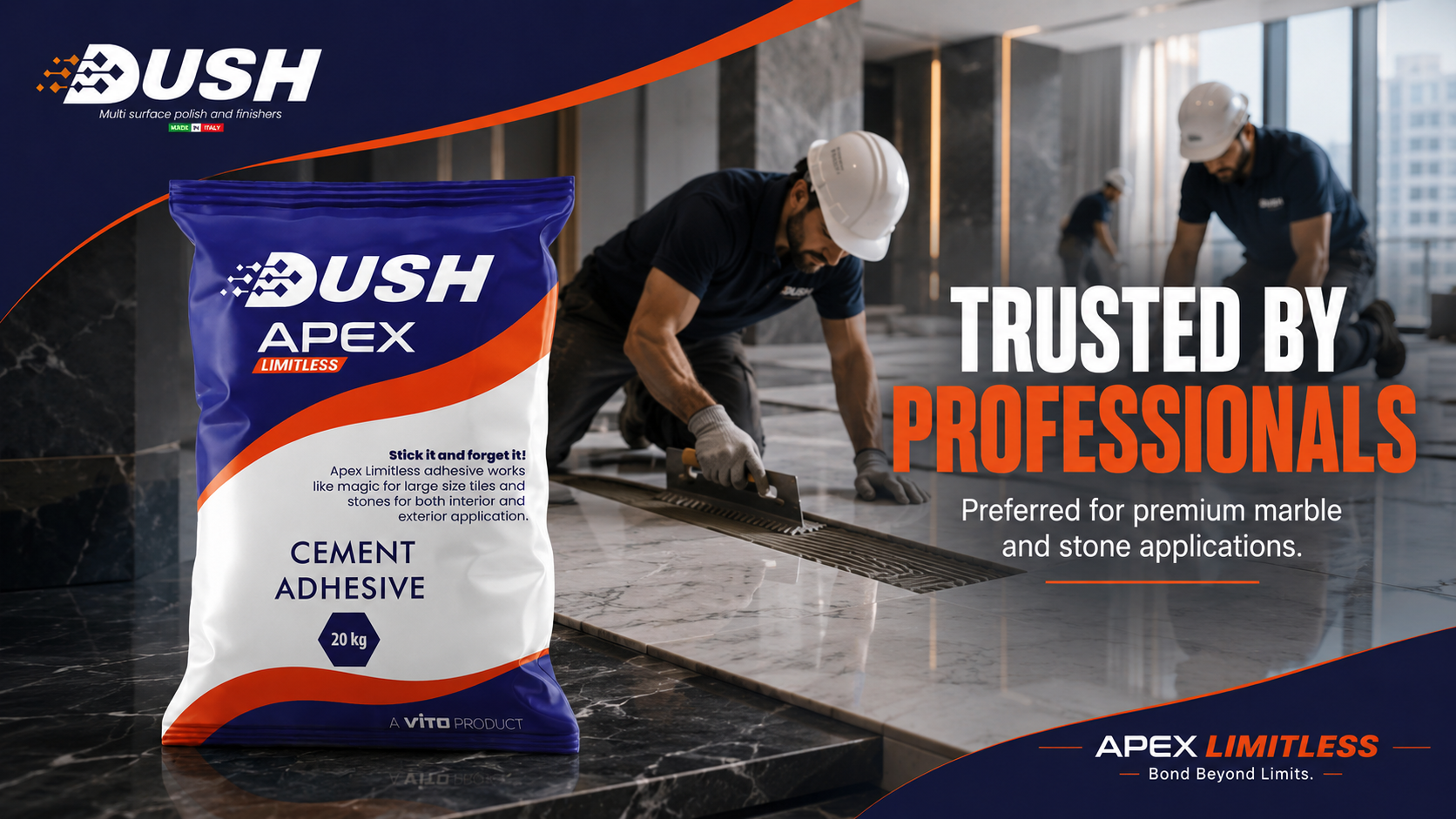 DUSH APEX LIMITLESS adhesive brand for white marble and large-format natural stone
