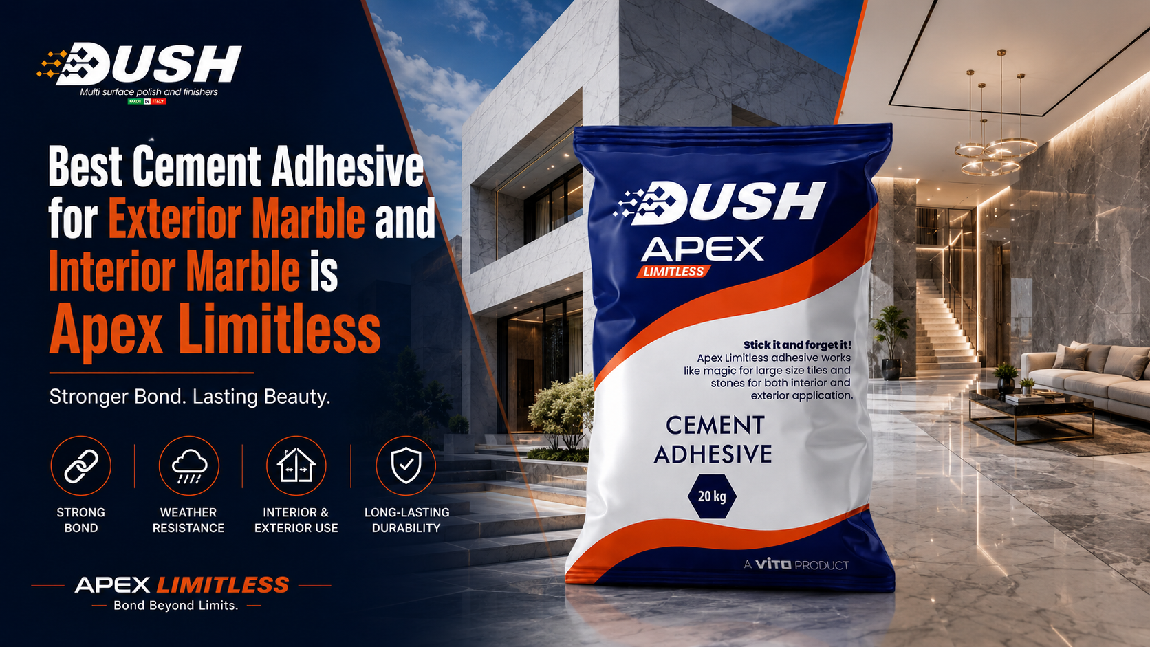 Best marble adhesive brand in India DUSH APEX for interior and exterior stone installation