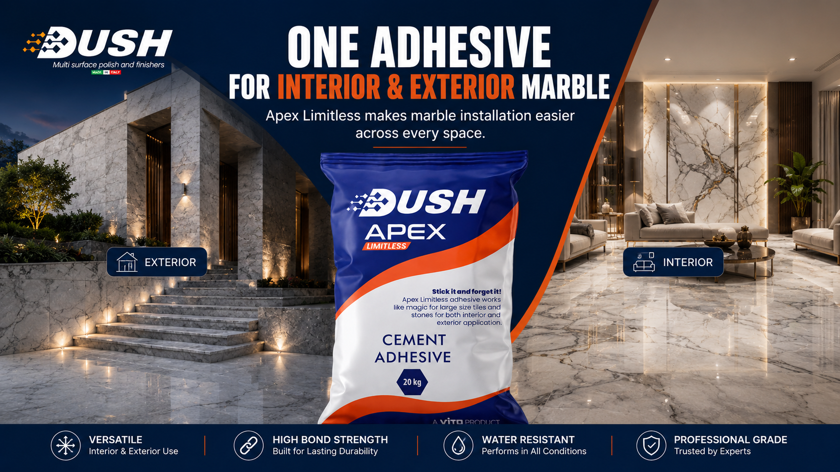 DUSH APEX interior and exterior marble adhesive for premium marble flooring and cladding