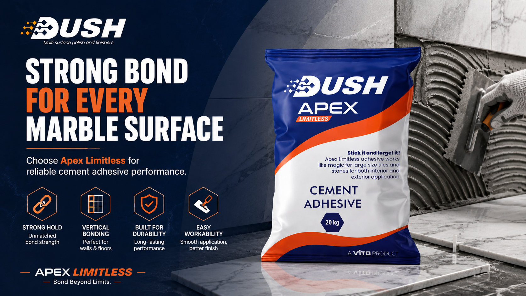 White cement marble adhesive by DUSH APEX for indoor and outdoor marble applications