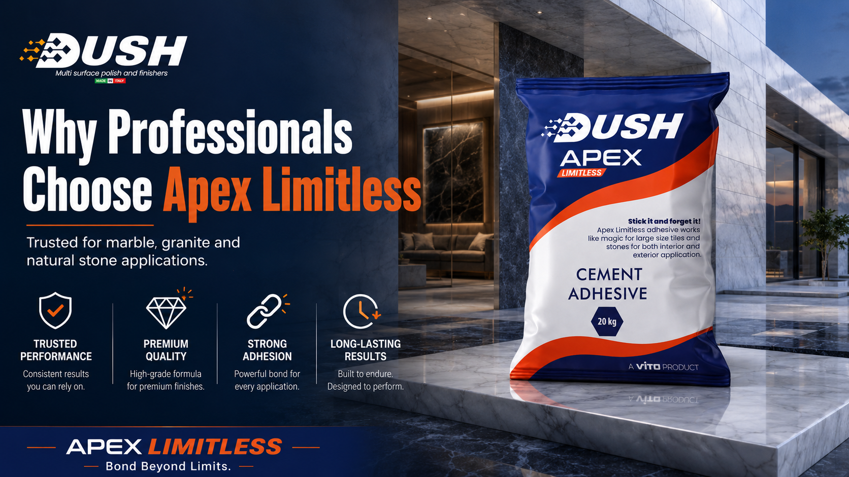 Interior and exterior marble installation using DUSH APEX premium white cement adhesive