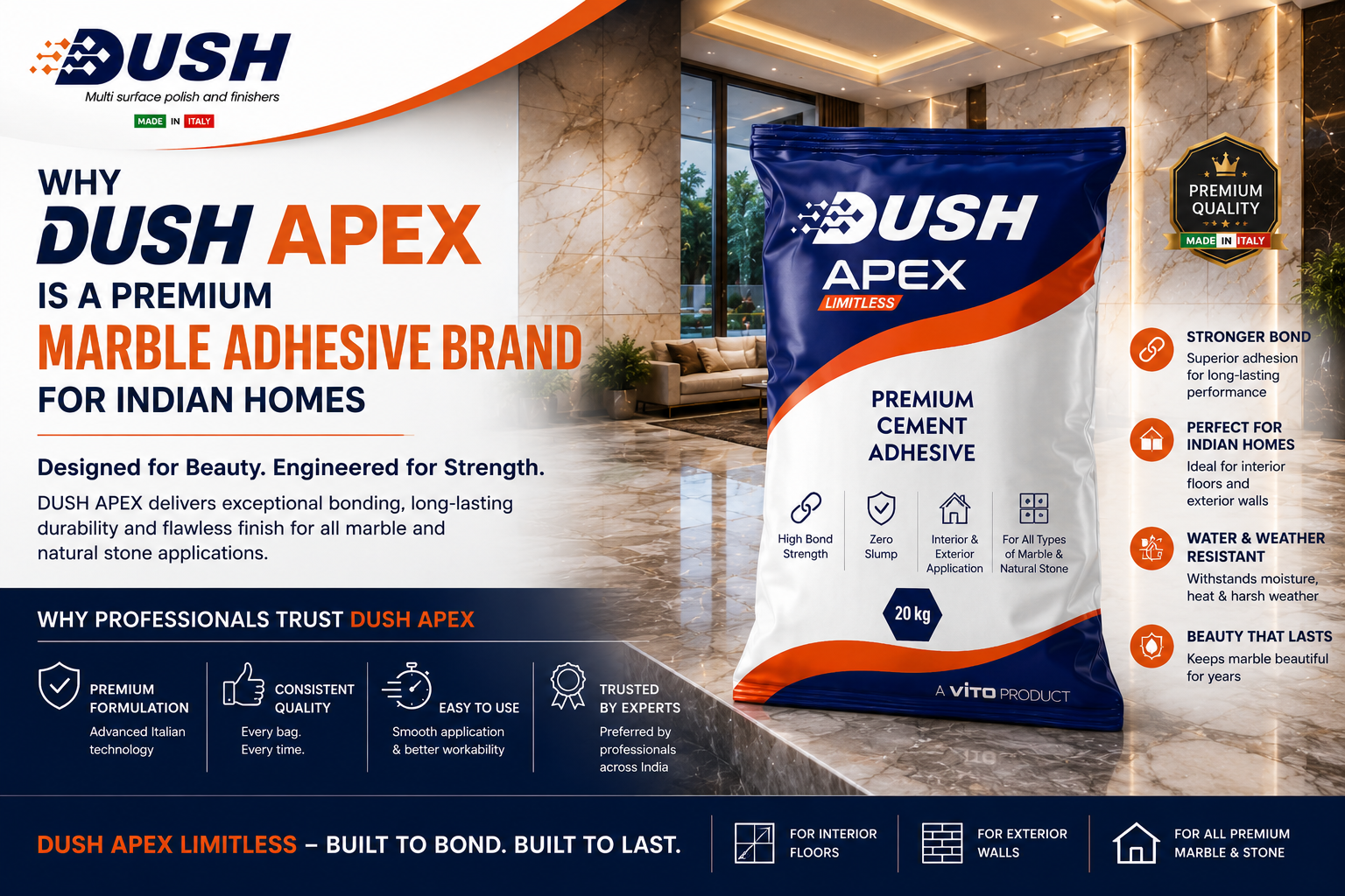 DUSH APEX premium marble adhesive brand for Indian homes interior and exterior marble